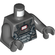 Visuel indicatif Rebrickable de Torse, armure avec '002', 'FF446', 'DANGER' et motif imprimé rectangle blanc, bras et mains gris bleuté foncé (Torso, Armor with '002', 'FF446', 'DANGER', and White Rectangle Print, Dark Bluish Gray Arms and Hands)