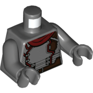 Torse, armure, bordure rouge foncé, ceinture brun foncé, motif : écharpe rouge foncé, bras et mains gris bleuté foncé (Torso, Armor, Dark Red Trim, Dark Brown Belt, Dark Red Scarf Print, Dark Bluish Gray Arms and Hands)