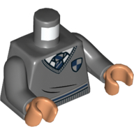 Torse, chandail à col en V avec emblème ravinclaw bleu et argent et motif imprimé cravate, bras gris bleuté foncé, mains nougat (Torso, V-Neck Sweater with Blue and Silver Ravenclaw Crest and Tie Print, Dark Bluish Gray Arms, Nougat Hands)