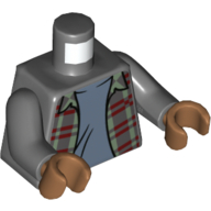 Torse, chemise, vert sable et rouge foncé Plaid, ouvert sur motif imprimé sous-chemise bleu sable, bras gris bleuté foncé, mains nougat moyen (Torso, Shirt, Sand Green and Dark Red Plaid, Open over Sand Blue Undershirt Print, Dark Bluish Gray Arms, Medium Nougat Hands)