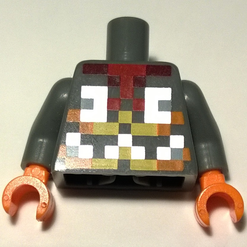 Visuel indicatif Rebrickable de Torse, imprimé armure pixellisée orange, jaune et argent, bras bleutés foncés, mains oranges (Torso, Pixelated Orange, Yellow and Silver Armor Print, Dark Bluish Arms, Orange Hands)