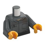 Torse, veste poches noires, ceinture, pochettes marron argenté/rougeâtre motif imprimé, bras gris bleuté foncé, mains orange clair vif (Torso, Jacket Black Pockets, Belt, Silver/Reddish Brown Pouches Print, Dark Bluish Gray Arms, Bright Light Orange Hands)