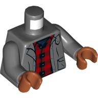 Visuel indicatif Rebrickable de Torse, veste, ouvert sur motif imprimé chemise à carreaux rouge, bras gris bleuté foncé, mains orange foncé (Torso, Jacket, Open over Red Plaid Shirt Print, Dark Bluish Gray Arms, Dark Orange Hands)