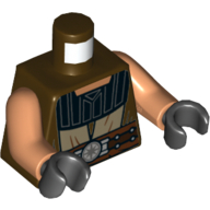 Visuel indicatif Rebrickable de Torse, robe, beige foncé Garniture, Grand col noir, motif : ceinture, (Quinlan Vos), bras nougat, mains noires (Torso, Robe, Dark Tan Trim, Large Black Collar, Belt Print, (Quinlan Vos), Nougat Arms, Black Hands)