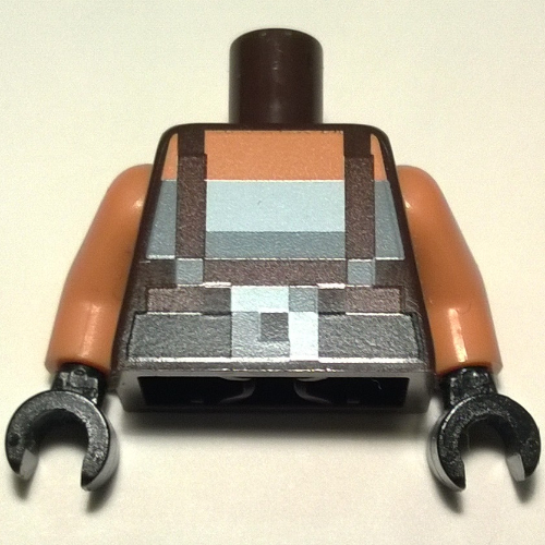 Visuel indicatif Rebrickable de Torse, Bretelles brun foncé pixelisé sur le dessus blanc et ceinture noire avec motif imprimé boucle, bras nougat, mains noires (Torso, Pixelated Dark Brown Suspenders over White Top and Black Belt with Buckle Print, Nougat Arms, Black Hands)