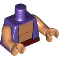 Visuel indicatif Rebrickable de Torse, gilet sur nougat poitrine nue avec ceinture rouge foncé devant et dos motif imprimé, bras et mains nougat (Torso, Vest over Nougat Bare Chest with Dark Red Belt Front and Back Print, Nougat Arms and Hands)