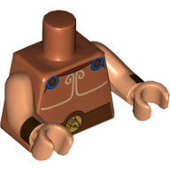 Visuel indicatif Rebrickable de Torse, armure, bleu cape fermoirs, blanc Garniture et rougeâtre Ceinture motif imprimé, bras Nougat et mains avec motif imprimé manchettes brun foncé (Torso, Armor, Blue Cape Clasps, White Trim and Reddish Brown Belt Print, Nougat Arms and Hands with Dark Brown Cuffs Print)