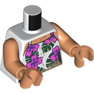 Torse, robe blanche, rose foncé/fleurs violet foncé, feuilles vert foncé, brun foncé taches de boue motif imprimé, bras et mains nougat (Torso, White Dress, Dark Pink/Dark Purple Flowers, Dark Green Leaves, Dark Tan Mud Stains Print, Nougat Arms and Hands)