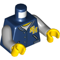 Torse, veste Letterman avec logo "NH", poches, motif imprimé chemise blanche, bras gris bleuté clair, mains jaunes (Torso, Letterman Jacket with "NH" Logo, Pockets, White Shirt Print, Light Bluish Gray Arms, Yellow Hands)