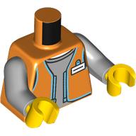 Visuel indicatif Rebrickable de Torse, veste d'employé de magasin orange, garniture d'azur foncé, badge de nom, chemise gris bleuâtre clair motif imprimé bras gris bleuâtre clair, mains jaunes (Torso, Orange Store Employee Jacket, Dark Azure Trim, Name Badge, Light Bluish Grey Shirt Print Light Bluish Gray Arms, Yellow Hands)