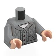 Torse, pull, Gris Foncé Tricoté, Boutons, motif : chemise blanche, bras gris bleuté clair, mains nougat clair (Torso, Sweater, Dark Bluish Grey Knitted Pattern, Buttons, White Shirt Print, Light Bluish Gray Arms, Light Nougat Hands)