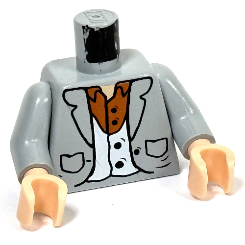 Visuel indicatif Rebrickable de Torse, veste costume avec poches, motif : gilet et chemise brune, bras gris bleuté clair, mains nougat clair (Torso, Suit Jacket with Pockets, Vest and Brown Shirt Print, Light Bluish Gray Arms, Light Nougat Hands)