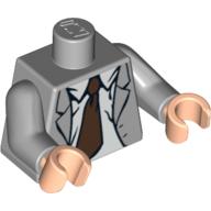 Visuel indicatif Rebrickable de Torse, veste de costume ouverte avec chemise froissé et motif imprimé cravate brun foncé, bras gris bleuté clair, mains nougat clair (Torso, Open Suit Jacket with Rumpled Shirt and Dark Brown Tie Print, Light Bluish Gray Arms, Light Nougat Hands)