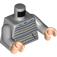 Visuel indicatif Rebrickable de Torse, bleu, rose, jaune noir rayé pull / sweat à capuche, poche motif imprimé, bras gris bleuté clair, mains nougat clair (Torso, Blue, Pink, Yellow Black Striped Sweater/Hoodie, Pockets Print, Light Bluish Gray Arms, Light Nougat Hands)