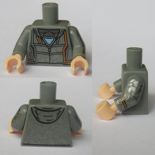 Visuel indicatif Rebrickable de Torse, sweat à capuche avec fermeture éclair et triangle bleu (réacteur à arc) imprimé, bras gris bleuté clair, mains nougat clair (Torso, Hoodie with Zipper and Blue Triangle (Arc Reactor) Print, Light Bluish Gray Arms, Light Nougat Hands)