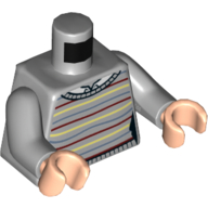 Torse, pull aux lignes jaune clair, rouge foncé et bleu sable, motif imprimé chemise blanche, bras gris bleuté clair, mains nougat clair (Torso, Sweater with Bright Light Yellow, Dark Red, and Sand Blue Lines, White Shirt Print, Light Bluish Gray Arms, Light Nougat Hands)