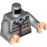 Visuel indicatif Rebrickable de Torse, gris bleuté foncé/marron rouge pull tricoté, blanc/moyen azur chemise motif imprimé, bras gris bleuté clair, mains nougat clair (Torso, Dark Bluish Grey/Reddish Brown Knitted Sweater, White/Medium Azure Shirt Print, Light Bluish Gray Arms, Light Nougat Hands)