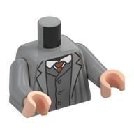 Torse, veste, rayures gris bleuté foncé, ouvert sur gilet gris bleuté foncé, chemise blanche, motif : cravate orange foncé, bras gris bleuté clair, mains nougat clair (Torso, Jacket, Dark Bluish Gray Pinstripes, Open over Dark Bluish Gray Vest, White Shirt, Dark Orange Tie Print, Light Bluish Gray Arms, Light Nougat Hands)