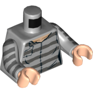 Visuel indicatif Rebrickable de Torse, chemise de prison avec motif imprimé à rayures gris bleuté foncé, motif : bras gris bleuté clair avec rayures, mains nougat clair (Torso, Prison Shirt with Dark Bluish Grey Stripes Print, Light Bluish Gray Arms with Stripes Print, Light Nougat Hands)