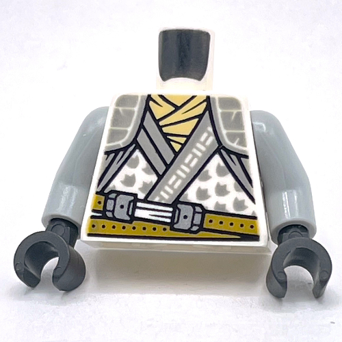 Visuel indicatif Rebrickable de Torse, robe avec bordure argentée, motif imprimé ceinture beige foncé, bras gris bleuté clair, mains noires (Torso, Robe with Silver Trim, Dark Tan Belt Print, Light Bluish Gray Arms, Black Hands)