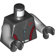 Torse, veste en cuir avec fermeture éclair, lignes rouges et logo imprimé, bras gris bleuté clair, mains noires (Torso, Leather Jacket with Zip, Red Lines and Logo Print, Light Bluish Gray Arms, Black Hands)