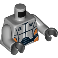 Torse, robot avec grand ceinture noire et plaques orange sur les côtés, avec logo de l'escouade galaxy imprimé, bras gris bleuté clair, mains noires (Torso, Robot with Wide Black Belt and Orange Plates on Sides, with Galaxy Squad Logo Print, Light Bluish Gray Arms, Black Hands)