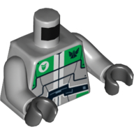 Torse, robot avec grand ceinture noire et plaques vert vif et logo de l'escouade galaxy motif imprimé, bras gris bleuté clair, mains noires (Torso, Robot with Wide Black Belt and Bright Green Plates and Galaxy Squad Logo Print, Light Bluish Gray Arms, Black Hands)