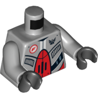 Torse, robot avec plaques rouges et noires, logo de l'escouade galaxy / radiateur à l'arrière motif imprimé, bras gris bleuté clair, mains noires (Torso, Robot with Red and Black Plates, Galaxy Squad Logo / Radiator on Back Print, Light Bluish Gray Arms, Black Hands)
