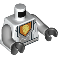 Visuel indicatif Rebrickable de Torse, armure, circuits argentés, panneau gris bleuté clair, emblème orange, motif imprimé tête de cheval jaune, bras gris bleuté clair, mains noires (Torso, Armor, Silver Circuits, Light Bluish Gray Panel, Orange Emblem, Yellow Horse Head Print, Light Bluish Gray Arms, Black Hands)