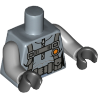 Visuel indicatif Rebrickable de Torse, combinaison de plongée, ceinture utilitaire avec 2 pochettes, bouton de cercle orange / badge imprimé, bras gris bleuté clair, mains noires (Torso, Scuba Suit, Utility Belt with 2 Pouches, Orange Circle Button/Badge Print, Light Bluish Gray Arms, Black Hands)