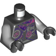 Torse, Veste avec décorations violet foncé, argent et rose foncé, Écharpe violet foncé / Garmadon tête sur dos motif imprimé (violet ultra), bras gris bleuté clair, mains noires (Torso, Jacket with Dark Purple, Silver and Dark Pink Decorations, Dark Purple Scarf / Garmadon Head on Back Print (Ultra Violet), Light Bluish Gray Arms, Black Hands)