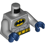 Visuel indicatif Rebrickable de Torse, Batman Logo en jaune ovale avec des muscles et jaune ceinture devant et dos motif imprimé, bras gris bleuté clair, mains bleu foncé (Torso, Batman Logo in Yellow Oval with Muscles and Yellow Belt Front and Back Print, Light Bluish Gray Arms, Dark Blue Hands)