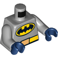 Visuel indicatif Rebrickable de Torse, corps, logo Batman ovale jaune et noir et ceinture jaune avec boucle imprimée, bras gris bleuté clair, mains bleu foncé (Torso, Bodysuit, Yellow and Black Oval Batman Logo and Yellow Belt with Buckle Print, Light Bluish Gray Arms, Dark Blue Hands)