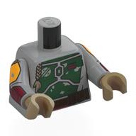 Torse, armure, panneaux vert foncé, ceinture marron foncé, motif imprimé tressés (Boba Fett), bras gris clair bleuâtre avec motif imprimé panneaux rouge foncé et mains (Torso, Armor, Dark Green Panels, Dark Brown Belt, Braids Print (Boba Fett), Light Bluish Gray Arms with Dark Red Panels Print and Hands)