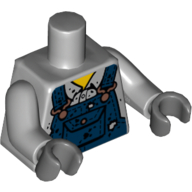 Visuel indicatif Rebrickable de Torse, chemise avec salopette bleu foncé, trous brûlés et motif imprimé boucles de cuivre, bras gris bleuté clair, mains gris bleuté foncé (Torso, Shirt with Dark Blue Overalls, Burn Holes and Copper Buckles Print, Light Bluish Gray Arms, Dark Bluish Gray Hands)