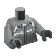 Torse, costume de course, col blanc, logo Audi, motif imprimé blanc 'E-TRON', bras gris bleuté clair, mains gris bleuté foncé (Torso, Racing Suit, White Collar, Audi Logo, White 'E-TRON' Print, Light Bluish Gray Arms, Dark Bluish Gray Hands)
