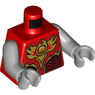 Torse, armure avec plaques rouge foncé, emblème de feu d'or avec orbe orange (CHI) motif imprimé, bras et mains gris bleuté clair (Torso, Armor with Dark Red Plates, Gold Fire Emblem with Orange Orb (CHI) Print, Light Bluish Gray Arms and Hands)