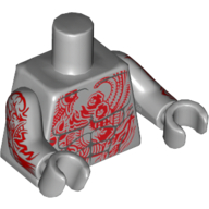Torse, poitrine nue avec muscles et tatouage rouge avec motif imprimé Têtes figurines, bras et mains gris pâles avec motif imprimé tatouage rouge (Torso, Bare Chest with Muscles and Red Tattoo with Minifig Heads Print, Light Bluish Gray Arms and Hands with Red Tattoo Print)