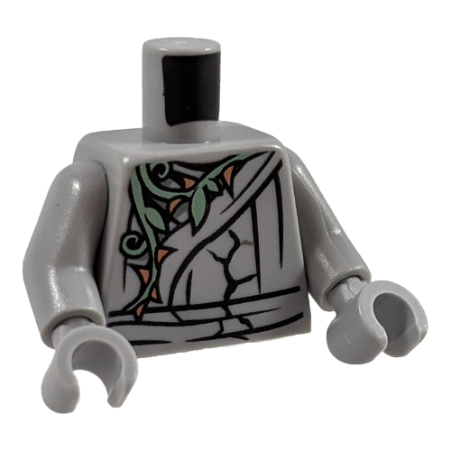 Visuel indicatif Rebrickable de Torse, Statue fissurée, Ninja robe avec sable vert vigne et des épines d'or devant et dos motif imprimé, bras et mains gris bleuté clair (Torso, Cracked Statue, Ninja Robe with Sand Green Vine and Gold Thorns Front and Back Print, Light Bluish Gray Arms and Hands)