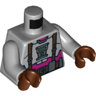 Visuel indicatif Rebrickable de Torse, armure avec bretelles et ceinture utilitaire sur motif imprimé chemise violet, bras gris bleuté clair, mains brun rougeâtre (Torso, Armor with Suspenders and Utility Belt over Purple Shirt Print, Light Bluish Gray Arms, Reddish Brown Hands)