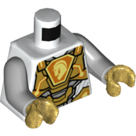 Torse, armure, plaques d'or, Bouclier orange avec motif imprimé tête de cheval, bras gris bleuté clair, mains or nacré (Torso, Armor, Gold Plates, Orange Shield with Horse Head Print, Light Bluish Gray Arms, Pearl Gold Hands)