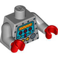 Visuel indicatif Rebrickable de Torse, Robot avec rivets argentés, jauges jaunes, boutons rouges et motif imprimé écran jaune, bras gris bleuté clair, mains rouges (Torso, Robot with Silver Rivets, Yellow Gauges, Red Knobs and Yellow Screen Print, Light Bluish Gray Arms, Red Hands)