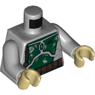 Torse, Plaques d'armure Patchs vert foncé, gris et vert olive, tresse brune avec motif imprimé noeud (Boba Fett), bras gris bleuté clair, mains beiges (Torso, Armor Plates Dark Green, Gray, and Olive Green Patches, Brown Braid with Knot Print (Boba Fett), Light Bluish Gray Arms, Tan Hands)