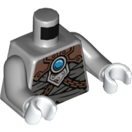 Visuel indicatif Rebrickable de Torse, emballage de momie, armure en cuivre avec rivets, chaînes et motif imprimé bijou rond bleu (chi), bras gris bleuté clair, mains blanches (Torso, Mummy Wrapping, Copper Armor with Rivets, Chains and Blue Round Jewel (Chi) Print, Light Bluish Gray Arms, White Hands)