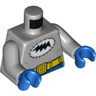 Visuel indicatif Rebrickable de Torse, corps, foudre noir en blanc ovale (logo batmite), motif imprimé ceinture utilitaire jaune, bras gris bleuté clair, mains bleues (Torso, Bodysuit, Black Lightning in White Oval (Batmite Logo), Yellow Utility Belt Print, Light Bluish Gray Arms, Blue Hands)