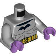 Visuel indicatif Rebrickable de Torse, muscles, logo Batman noir, motif imprimé ceinture utilitaire jaune, bras gris bleuté clair, mains lavande moyen (Torso, Muscles, Black Batman Logo, Yellow Utility Belt Print, Light Bluish Gray Arms, Medium Lavender Hands)
