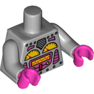 Visuel indicatif Rebrickable de Torse, robot avec rivets argentés, jauges jaunes, motif sérigraphié rose foncé, bras gris bleuté clair, mains rose foncé (Torso, Robot with Silver Rivets, Yellow Gauges, Dark Pink Screen Print, Light Bluish Gray Arms, Dark Pink Hands)