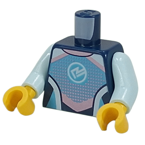 Torse, combinaison de plongée, bleu clair/lavande/léger formes vert d’eau, symbole blanc, fermeture éclair sur le motif imprimé à l'arrière, bras vert d’eau clair, mains jaunes (Torso, Wetsuit, Bright Light Blue/Lavender/Light Aqua Shapes, White Symbol, Zipper on Back Print, Light Aqua Arms, Yellow Hands)