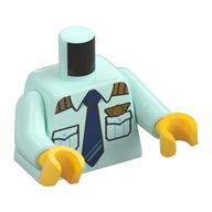 Visuel indicatif Rebrickable de Torse, uniforme de pilote, ailes dorées, poches, motif : cravate bleu foncé, bras vert d’eau clair, mains jaunes (Torso, Pilot Uniform, Gold Wings, Pockets, Dark Blue Tie Print, Light Aqua Arms, Yellow Hands)
