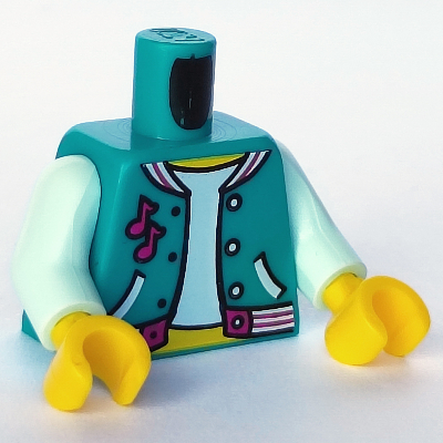 Visuel indicatif Rebrickable de Torse, veste avec poches sur vert d’eau haut léger, notes de musique magenta motif imprimé, bras vert d’eau clair, mains jaunes (Torso, Jacket with Pockets over Light Aqua Top, Magenta Music Notes Print, Light Aqua Arms, Yellow Hands)